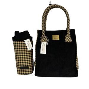 Longaberger Corduroy Plaid Small Tote Bag Purse Black Tan Khaki Check Homestead